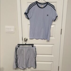 Adidas light blue Tee and Shorts with Black Stripes
